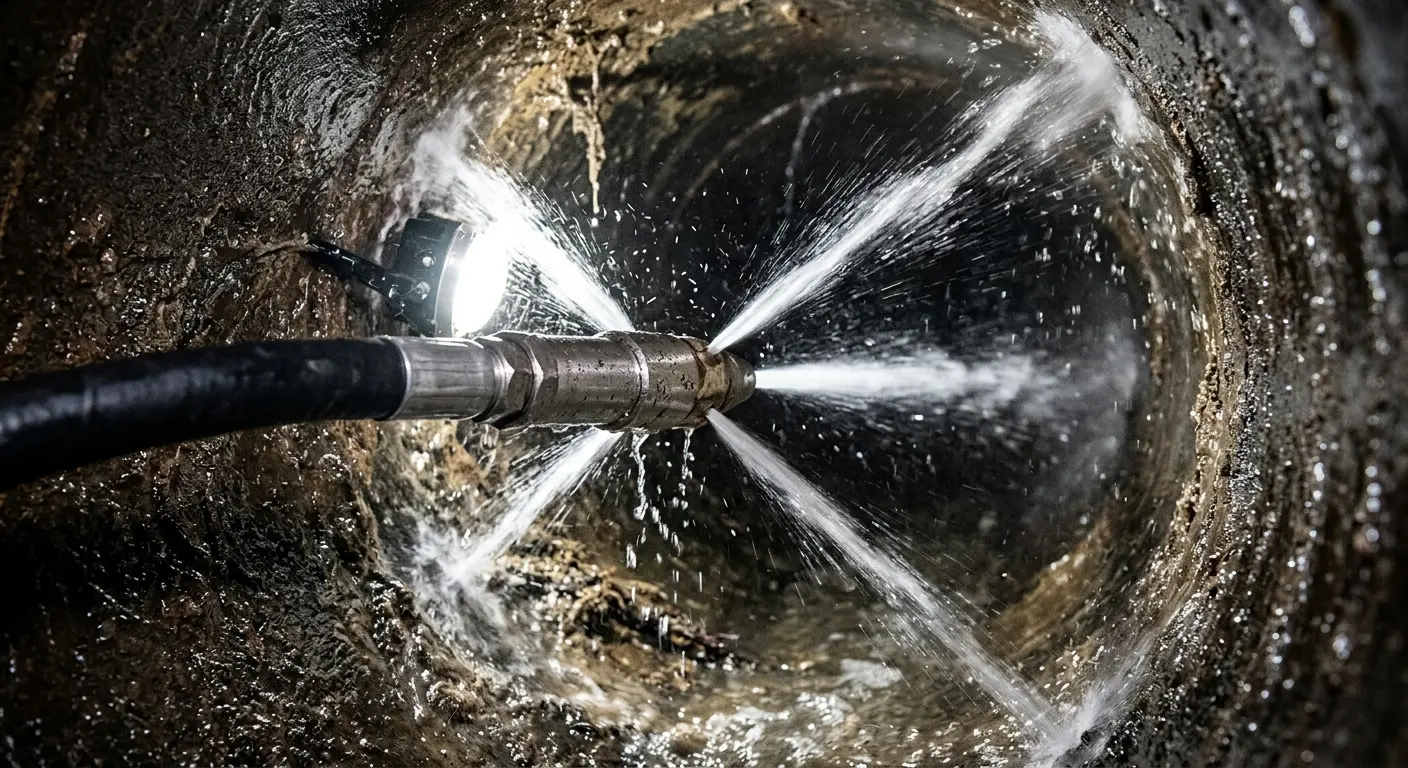 High-pressure hydro jetting nozzle cleaning sewer pipe for Trenchless Sewer Repair in Linthicum