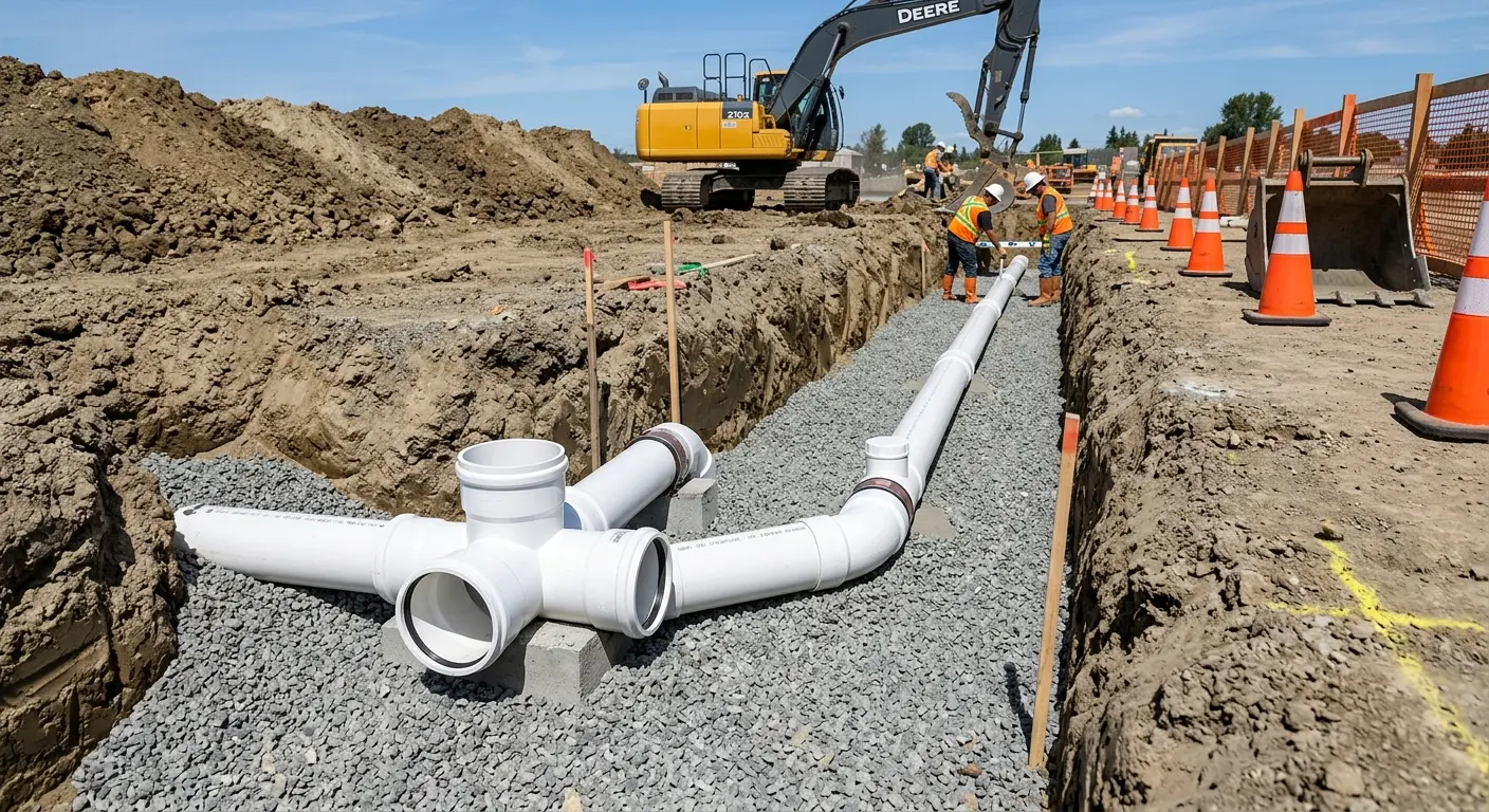 New PVC sewer pipe installation in open trench for Commercial Drain Cleaning in Linthicum