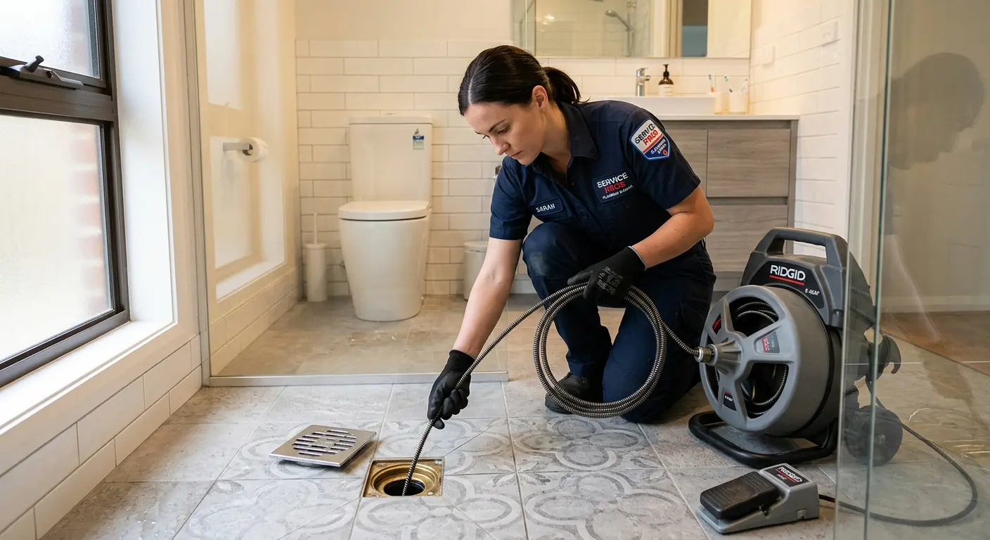 Technician clearing a bathroom floor drain for Hydro Jetting in Linthicum